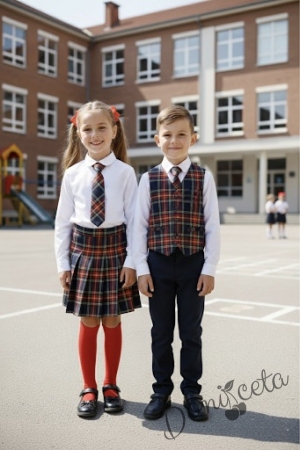 Комплект за момче от 4 части- риза в бяло, панталон в тъмносиньо, елече и вратовръзка в карирано червено, подходящ и за ученическа униформа