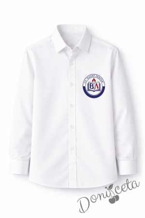 Комплект за момче от 4 части- риза в бяло с лого, панталон в тъмносиньо, елече с лого и вратовръзка в карирано червено, подходящ и за ученическа униформа