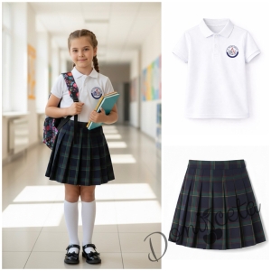 Комплект от 2 части-бяла тениска с яка и лого, съчетана с леко удължена плисиран пола в тъмносиньо и зелено каре, подходящ и за ученическа униформа