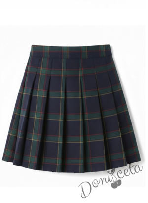 Комплект от 2 части-бяла тениска с яка и лого, съчетана с леко удължена плисиран пола в тъмносиньо и зелено каре, подходящ и за ученическа униформа