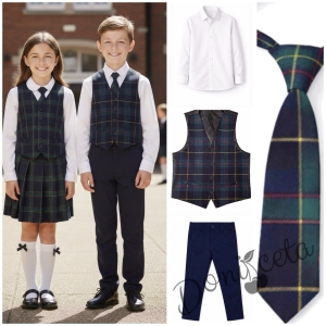 Комплект за момче от 4 части- риза в бяло, панталон в тъмносиньо, елече и вратовръзка в карирано тъмносиньо и зелено, подходящ и за ученическа униформа