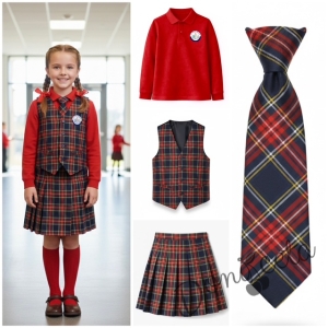Комплект каре от 4 части- карирана плисирана пола леко удължена, карирана вратовръзка, карирано елече с лого и червена блуза с лого, подходящ и за ученическа униформа