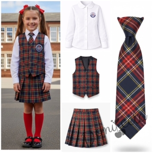 Комплект каре от 3 части- карирана плисирана пола леко удължена, карирана вратовръзка и кариран елек с лого, подходящ и за ученическа униформа