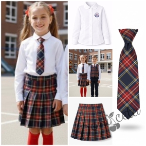 Комплект за момиче от 3 части карирана плисирана пола леко удължена с бяла изчистена риза и карирана вратовръзка, подходящ и за ученическа униформа