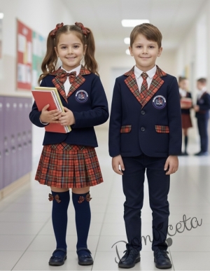 Детски комплект за момиче от пола плисе от трико в каре и сако в тъмносиньо с каре с лого на емблема за ученическа униформа