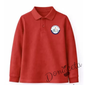 Комплект за момче от 4 части-блуза с яка и лого, панталон в тъмносиньо, елек с лого и вратовръзка в карирано червено, подходящ и за ученическа униформа