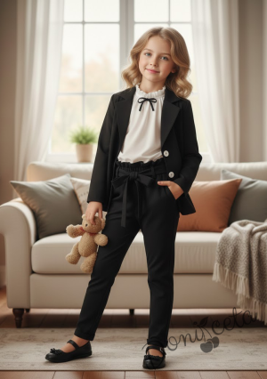 Комплект от 3 части- бяла риза с панделка, черно сако с панделка и харбали, панталон в черно с ластик и колан 