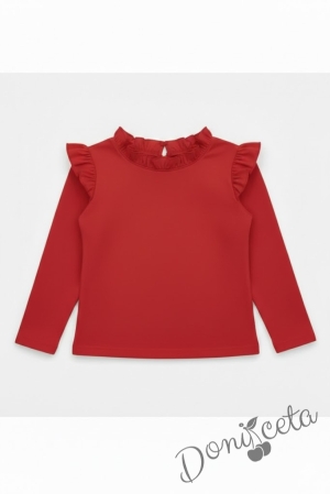Комплект за момиче от 2 части-пола клош от трико Радост в бяло и блуза с дълъг ръкав с къдрички в червено 
