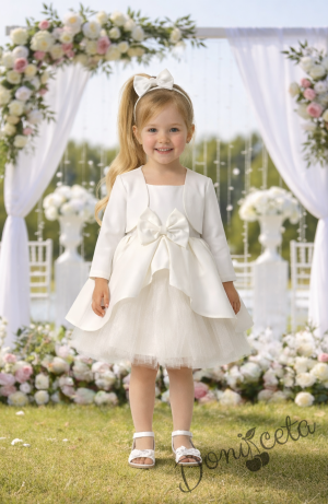 Официален комплект от 3 части-детска рокля от плат Мариска с тюл без ръкав, болеро и диадема в бяло