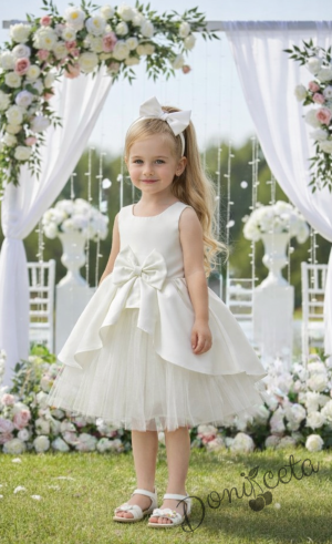 Официален комплект от 2 части-детска рокля от плат Мариска с тюл без ръкав и диадема в бяло