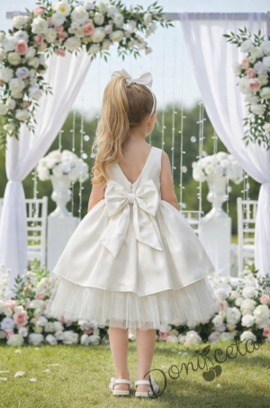 Официален комплект от 2 части-детска рокля от плат Мариска с тюл без ръкав и диадема в бяло