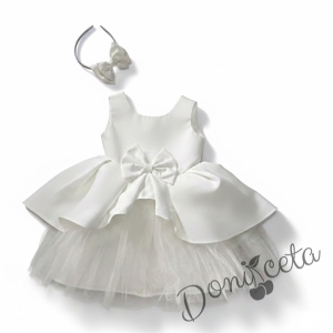 Официален комплект от 2 части-детска рокля от плат Мариска с тюл без ръкав и диадема в бяло