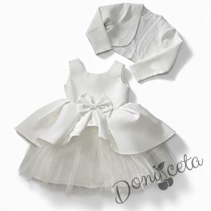 Официален комплект от 2 части-детска рокля от плат Мариска с тюл без ръкав и болеро в бяло