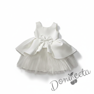 Официална детска рокля от плат Мариска без ръкав в бяло и тюл 