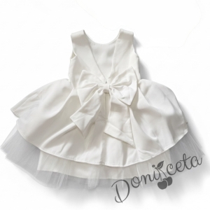  Официална детска рокля от плат Мариска без ръкав в бяло и тюл 
