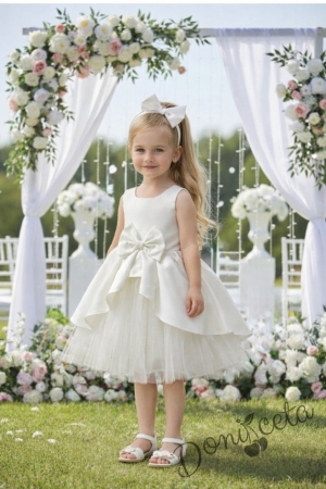  Официална детска рокля от плат Мариска без ръкав в бяло и тюл 