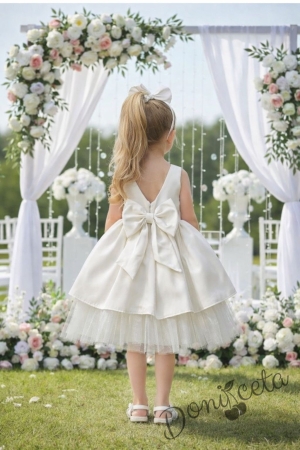  Официална детска рокля от плат Мариска без ръкав в бяло и тюл 