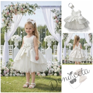 Официален комплект от 2 части-детска рокля от плат Мариска с тюл без ръкав и диадема в бяло