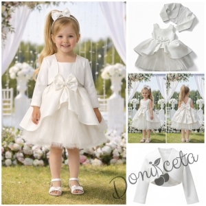Официален комплект от 2 части-детска рокля от плат Мариска с тюл без ръкав и болеро в бяло