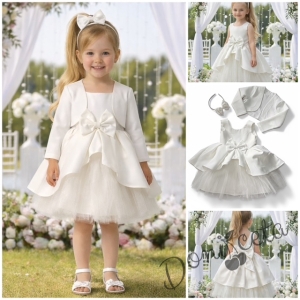 Официален комплект от 3 части-детска рокля от плат Мариска с тюл без ръкав, болеро и диадема в бяло