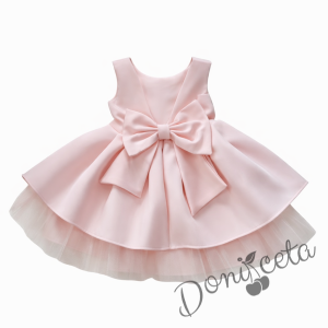 Официален комплект от 2 части-детска рокля от плат Мариска с тюл без ръкав и диадема в прасковено