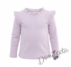 Комплект за момиче от 2 части- пола пола клош от трико в черно Роси и лилава блуза с дълъг ръкав и къдрички 