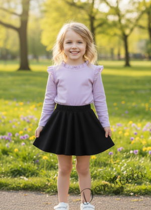 Комплект за момиче от 2 части- пола пола клош от трико в черно Роси и лилава блуза с дълъг ръкав и къдрички 