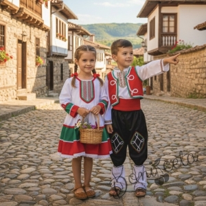 Детска етно рокля трибагреник с дълъг ръкав в бяло, зелено и червено с фолклорни мотиви