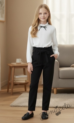 Детски панталон от трико с колан в черно за момиче с висока талия