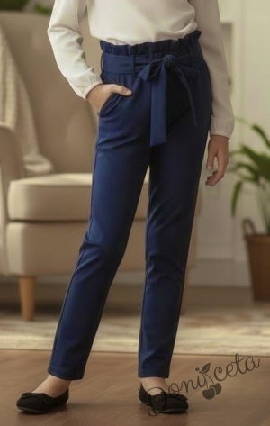 Детски панталон от трико за момиче в тъмносиньо с висока талия и колан