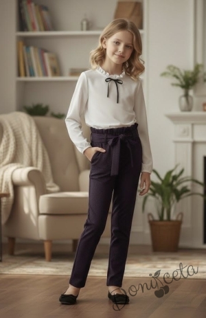 Детски спортно-елегантен панталон за момиче в лилаво с висока талия и колан