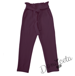 Детски панталон за момиче в лилаво с висока талия и колан 1