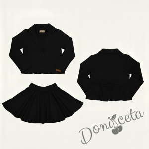 Комплект от трико 3 части- пола клош Роси, сако в черно и блуза в бяло с къдрички обкрайчени в черно