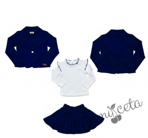 Комплект от трико 3 части- пола клош Роси, сако в тъмносиньо и блуза в бяло с къдрички обкрайчени в тъмносиньо