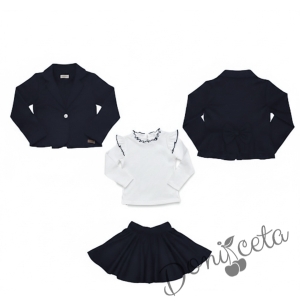 Комплект от трико 3 части- пола клош Роси, сако в черно и блуза в бяло с къдрички обкрайчени в черно