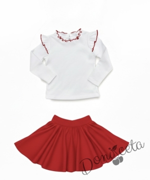 Комплект за момиче от 2 части-пола клош от трико Роси в червено и блуза с дълъг ръкав с къдрички в бяло  обкрайчени с червено