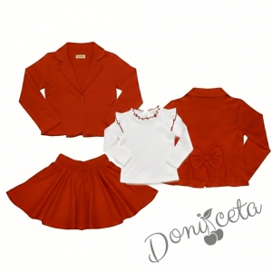 Комплект от трико от 3 части- пола клош Роси и сако в червено и блуза в бяло с къдрички обкрайчени с червено