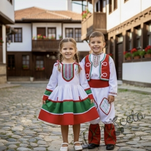 Мъжка или детска народна народна носия трибагреник за момче 98 с фолклорни/етно мотиви, с елек и пояс в червено и гети в червено