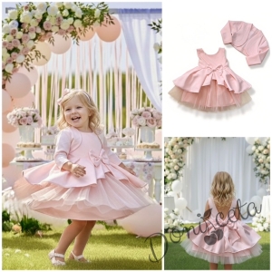 Официален комплект от 2 части-детска рокля от плат Мариска с тюл без ръкав и болеро в прасковено 