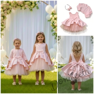 Официален комплект от 3 части-детска рокля от плат Мариска с тюл без ръкав, болеро и диадема в прасковено