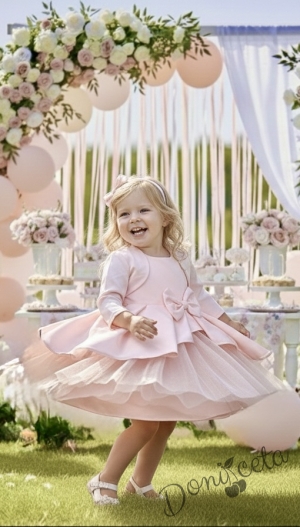 Официален комплект от 3 части-детска рокля от плат Мариска с тюл без ръкав, болеро и диадема в прасковено