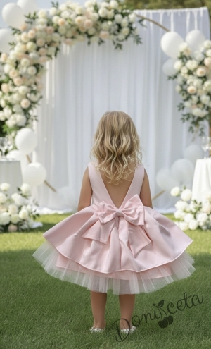 Официален комплект от 3 части-детска рокля от плат Мариска с тюл без ръкав, болеро и диадема в прасковено