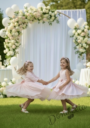  Официална детска рокля Мариска без ръкав в прасковено и тюл с изрязан гръб