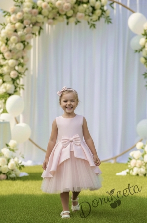  Официална детска рокля Мариска без ръкав в прасковено и тюл с изрязан гръб