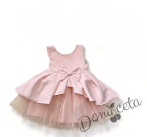  Официална детска рокля Мариска без ръкав в прасковено и тюл с изрязан гръб