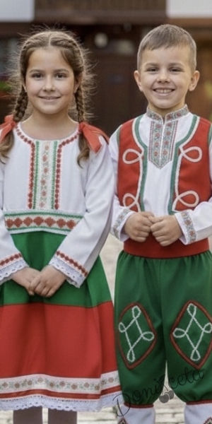 Мъжка или детска народна народна носия трибагреник за момче 197 с фолклорни/етно мотиви, с потури в зелено