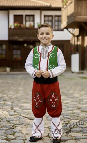 Мъжка или детска народна народна носия трибагреник за момче 198 с фолклорни/етно мотиви, с потури в червено