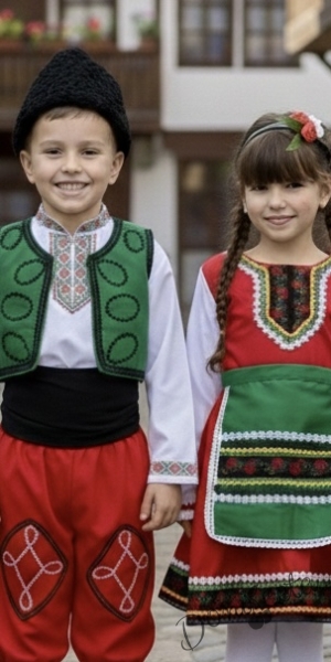 Мъжка или детска народна народна носия с калпак трибагреник за момче 195 с фолклорни/етно мотиви, с потури в червено и елек в зелно