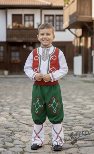 Мъжка или детска народна народна носия трибагреник за момче 197 с фолклорни/етно мотиви, с потури в зелено