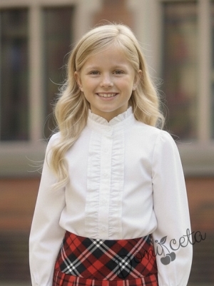 Комплект от 2 части-плисирана пола в червено и тъмносиньо и риза с дълъг ръкав с висока яка